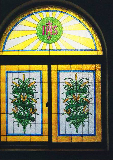 Window treatments in the original Sacred Heart Hospital with glass-like decorations